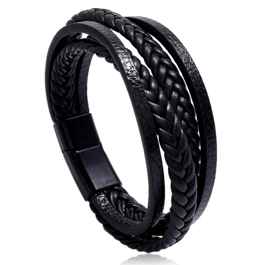 

Fashion Multi-layer Simple Woven Men's Leather Bracelet Magnet Buckle Stainless Steel Bracelet for Friend New Year Jewelry Gift
