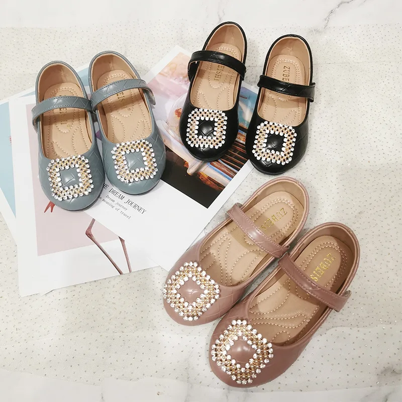 

New Children Pearl Square Buckle Girls Leather Shoes Fashion Flat Children Moccasins Student Casual Breathable Baby Kids 02A