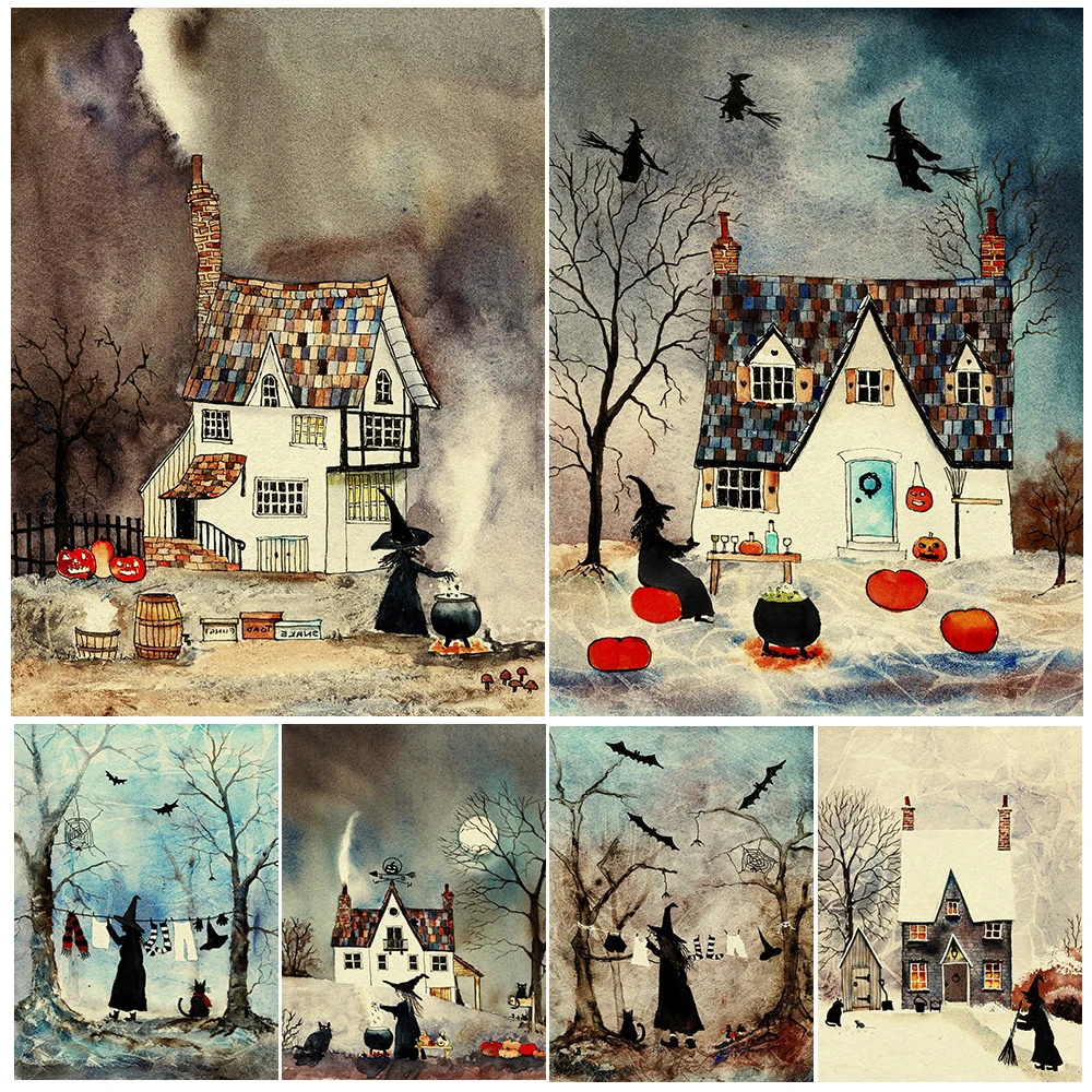 

Witch Drying Clothes In The Forest Vintage Wall Art Canvas Painting Woodland Washday Whimsical Witch Art Poster Print Home Decor