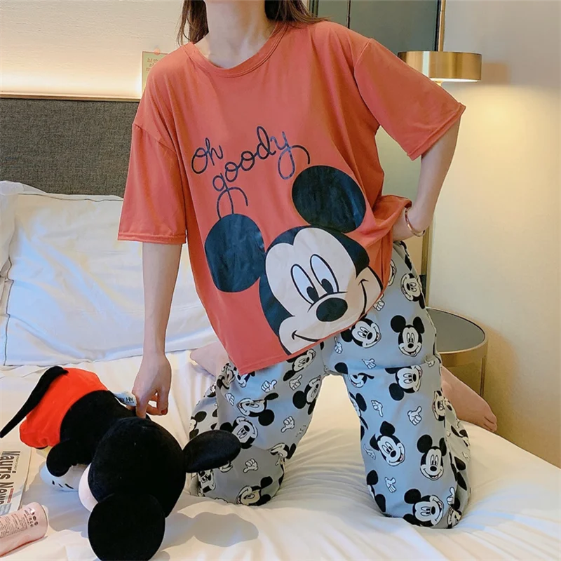 Disney Mickey Mouse Pajamas Set Women Summer Nightwear Pajama Two Piece Set Pyjamas Loungewear Kawaii Cute Pajamas Suit Women