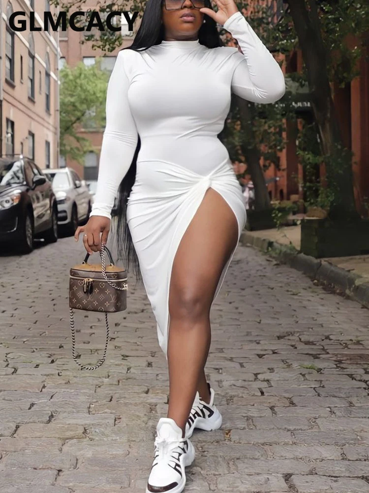 

Women Long Sleeve Casual Solid Color Twisted Slit Dress Elegant Bodycon Mini Dress