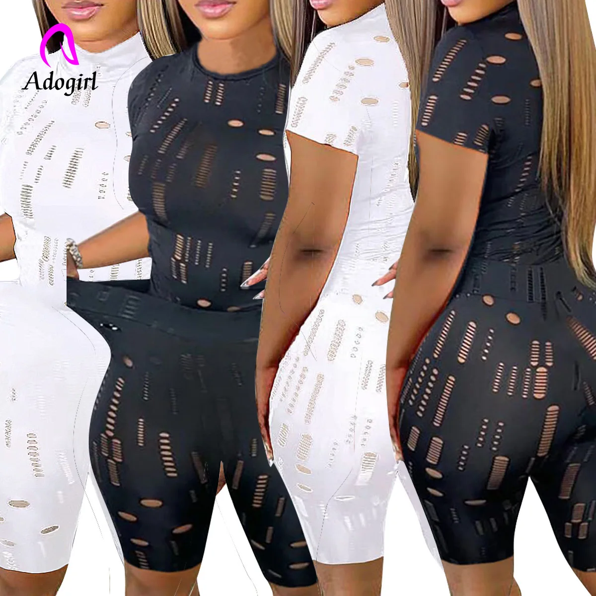 

Hole Hollow Out Women 2 Piece Set Fitness Skinny Mock Neck Crop Top Skinny Biker Shorts Matching Jogger Ser Sexy Night Club Wear