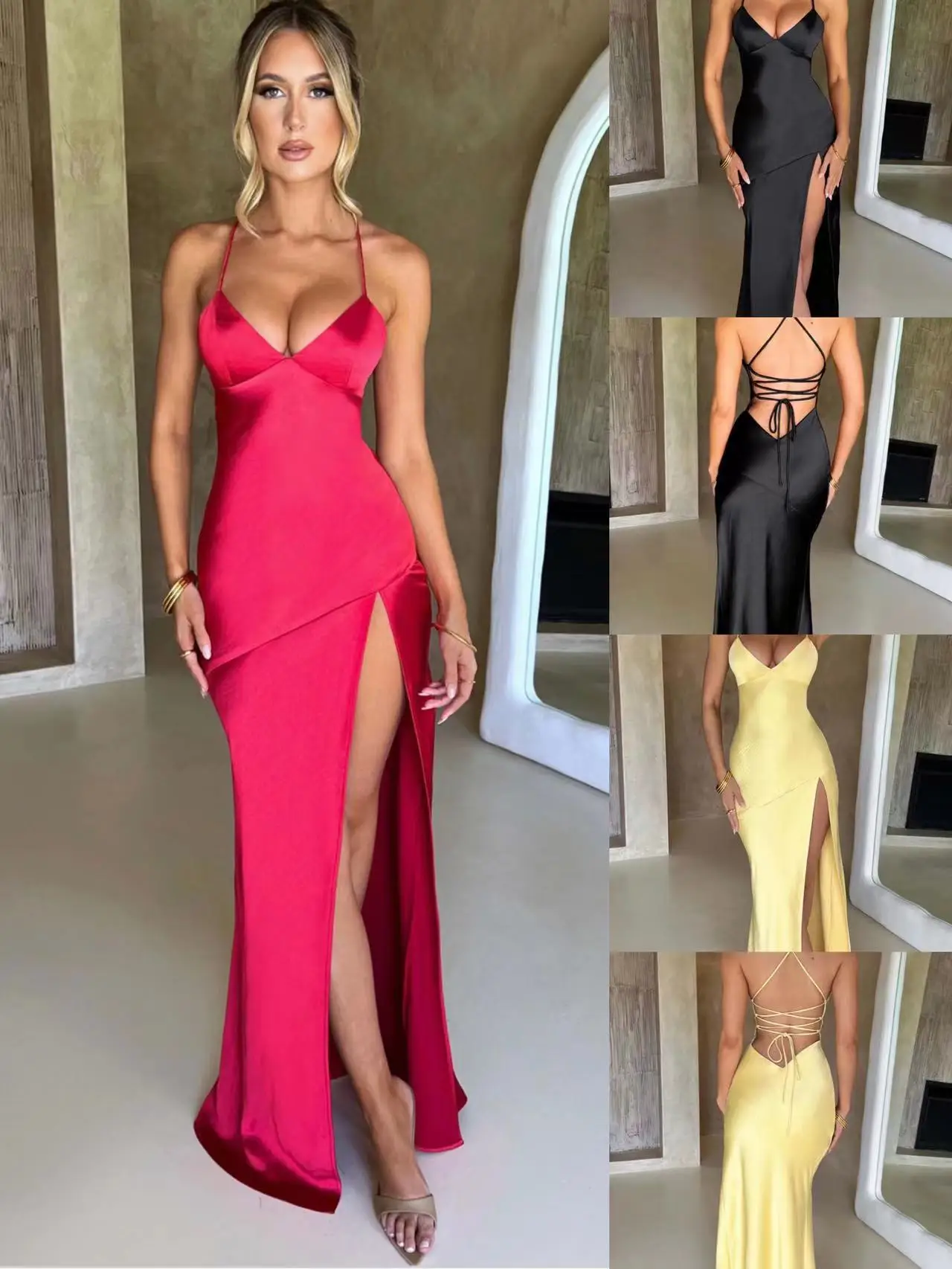 

Women Red Sling Deep V-neck Slit Dress Backless Lace Up Floor Length Long Robes 2023 Summer Sexy Female Party Club Vestido