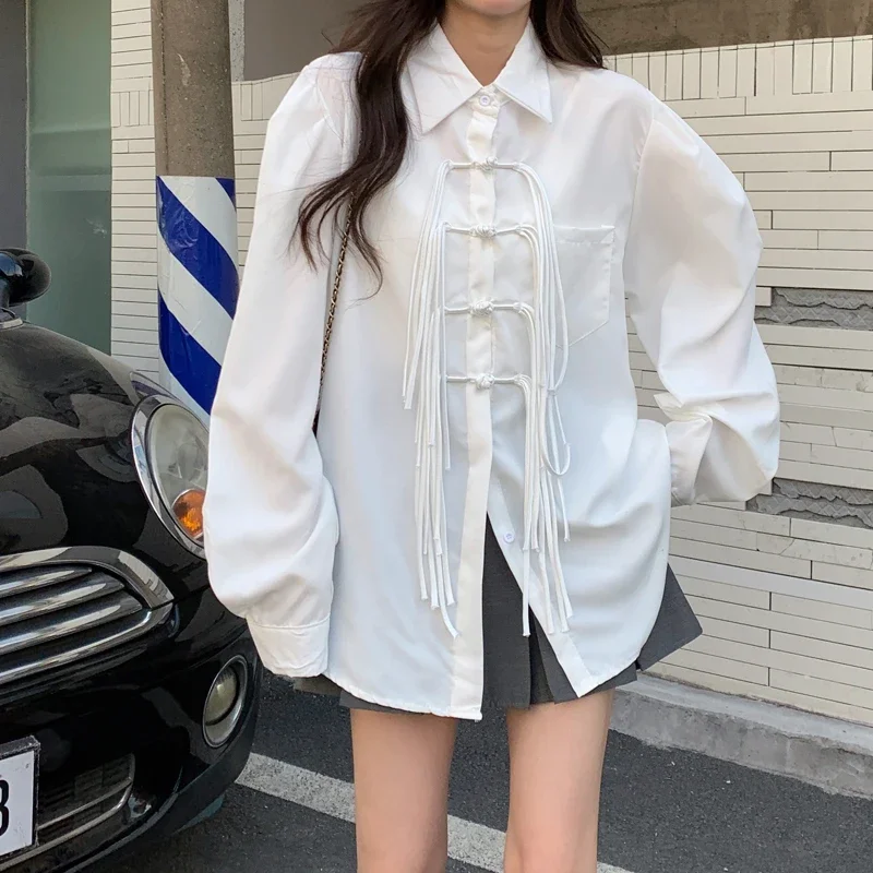 Блузка женская в китайском стиле модная шикарная Свободная белая рубашка с