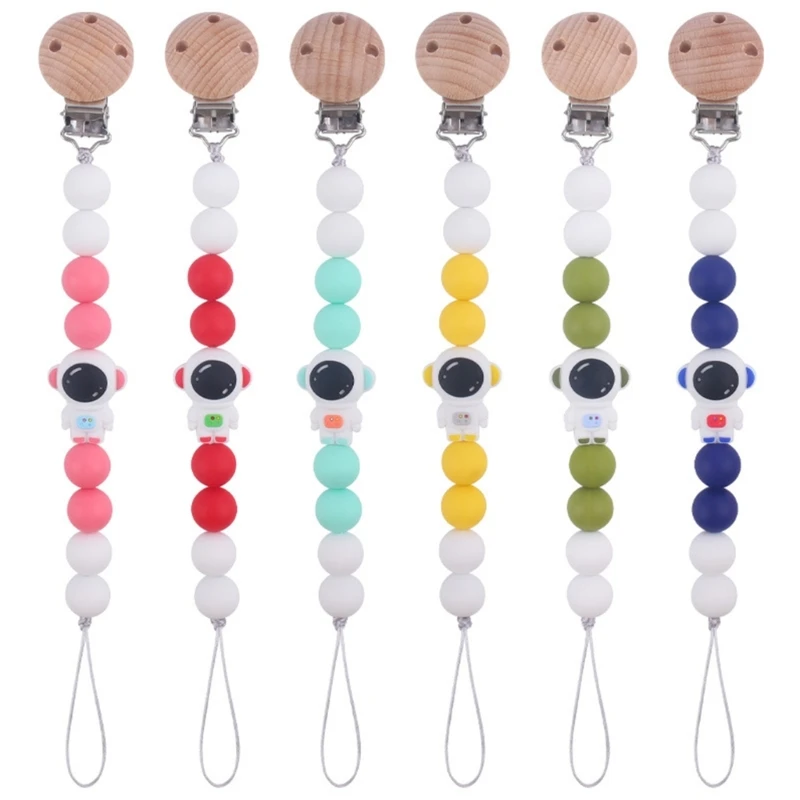 

D7WF Cartoon Astronaut Pacifier Holder Wood Clip Teething Chain Nipple Holder Chewable Pendant Accessory