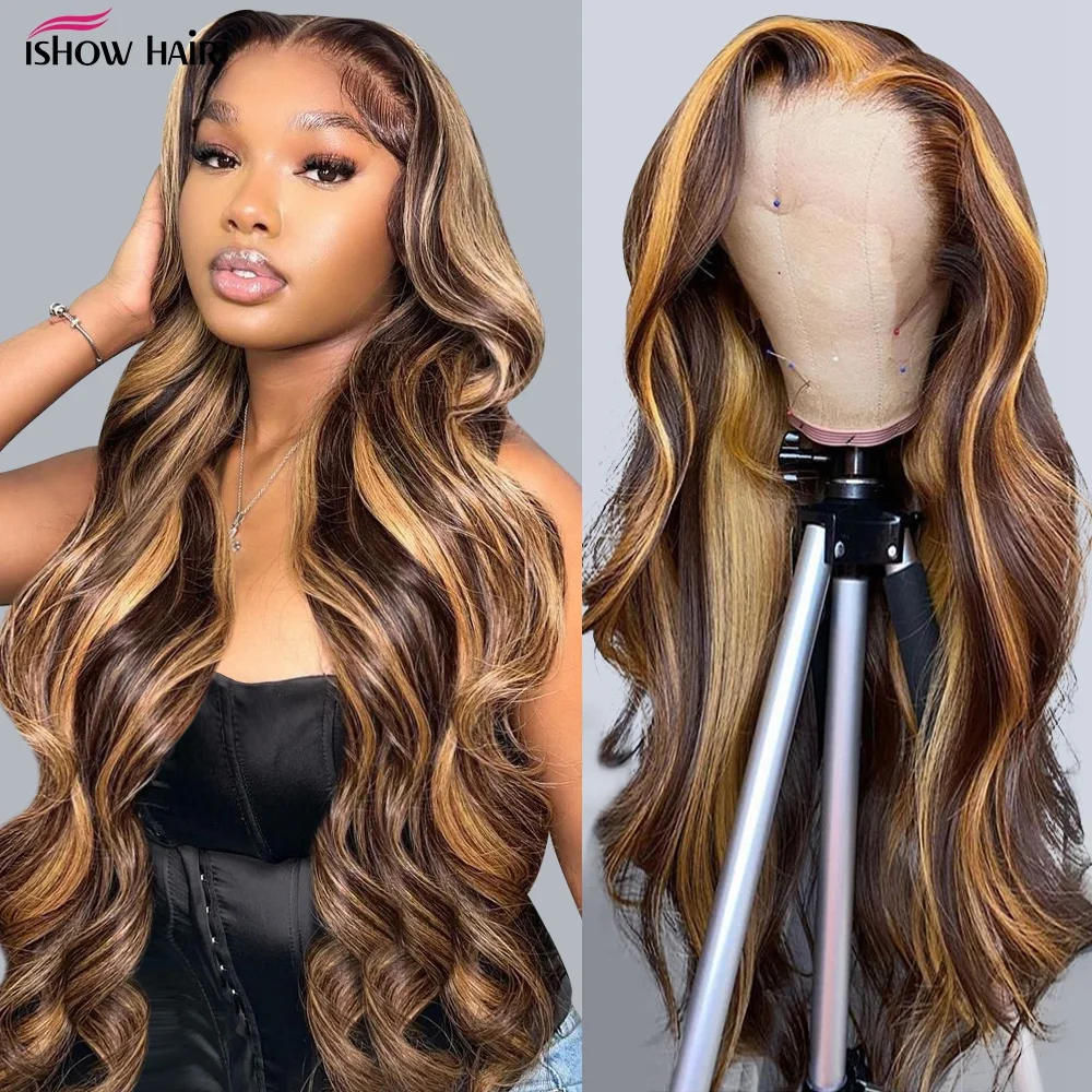 Body Wave Highlight Wig P4/27 Colored Human Hair Wigs 4x4 Closure Wig HD Honey Blonde Lace Front Human Hair Wigs with Highlights