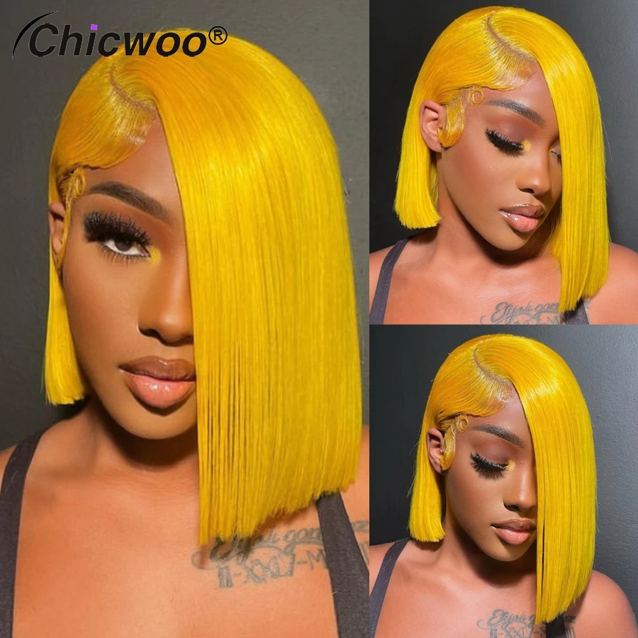 

Luminous Yellow Short Bob Wigs Brazilian Virgin Human Hair 13x4 Transparent Lace Front Silky Straight Wig Preplucked Hairline