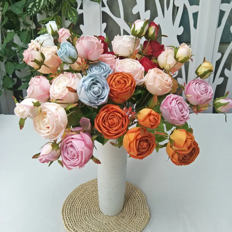 

3Pcs 3 Heads Rose Silk Flowers Wedding Bouquet Bridal Holding Artificial Rose Flowers Home Living Room Decoration Party Floral