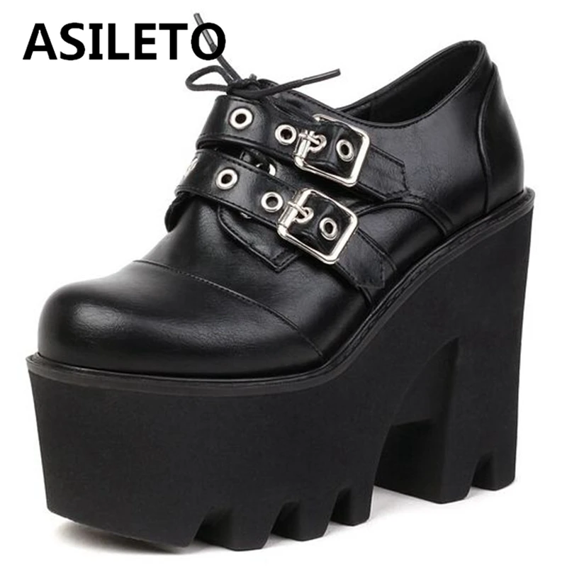 

ASILETO женские туфли-лодочки на платформе с круглым носком на массивном каблуке с пряжкой на шнуровке повседневные однотонные Большие размеры 36-44 черные коричневые весенние S3371