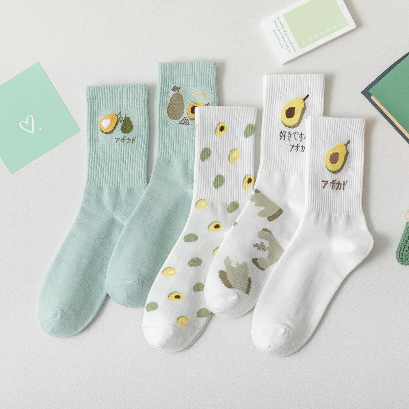 

5 Pairs Colorful Fashion Kawaii Harajuku Women Mid-tube Socks Avocado Green Sports Students Girls Cartoon Cotton Socks
