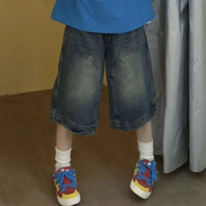 Женские винтажные джинсовые шорты Y2K широкие брюки-Капри с эффектом потертости
