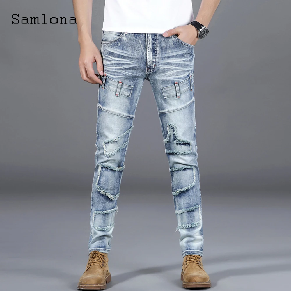 Samlona Plus Size Mens Demin Pants 2022 Summer New Ripped Jeans Bottom Male Zipper Pockets Trouser Light Blue Outdoor Demin Pant