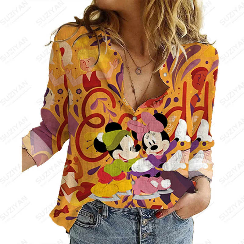 

Женская Повседневная рубашка с длинным рукавом, пуговицами и принтом Микки Мауса
