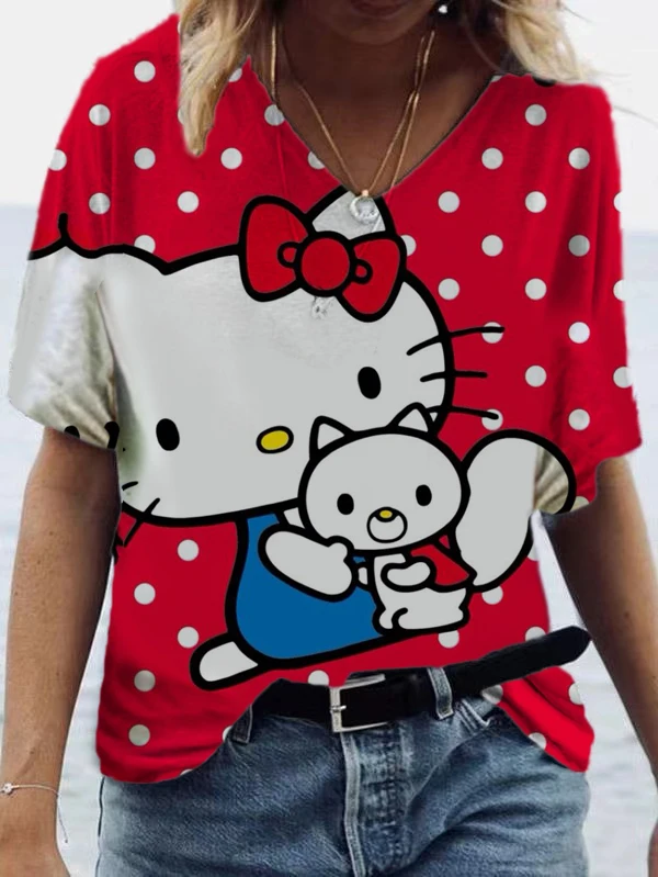 

Женские модные футболки 2022, футболки Hello Kitty, новые хлопковые классические детские футболки с коротким рукавом, футболки