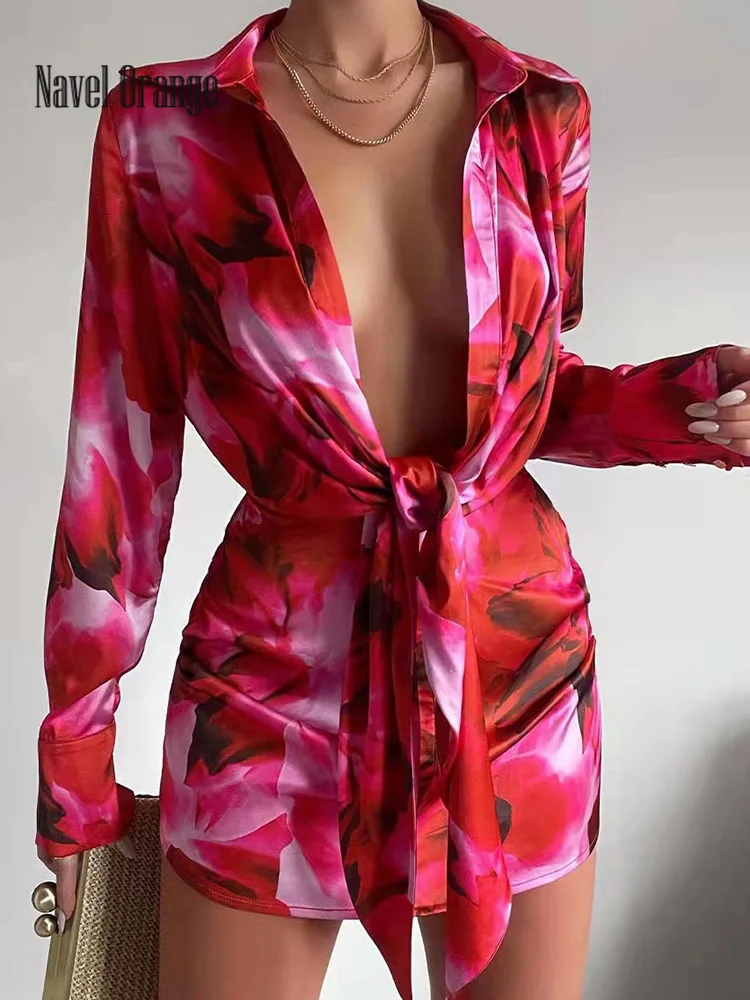 

Women V-Neck Mini Dress 2022 Sexy Summer Long Sleeve Printing Ladies Party Dress Lace-Up Sweet Fashion Streetwear Dropshipping