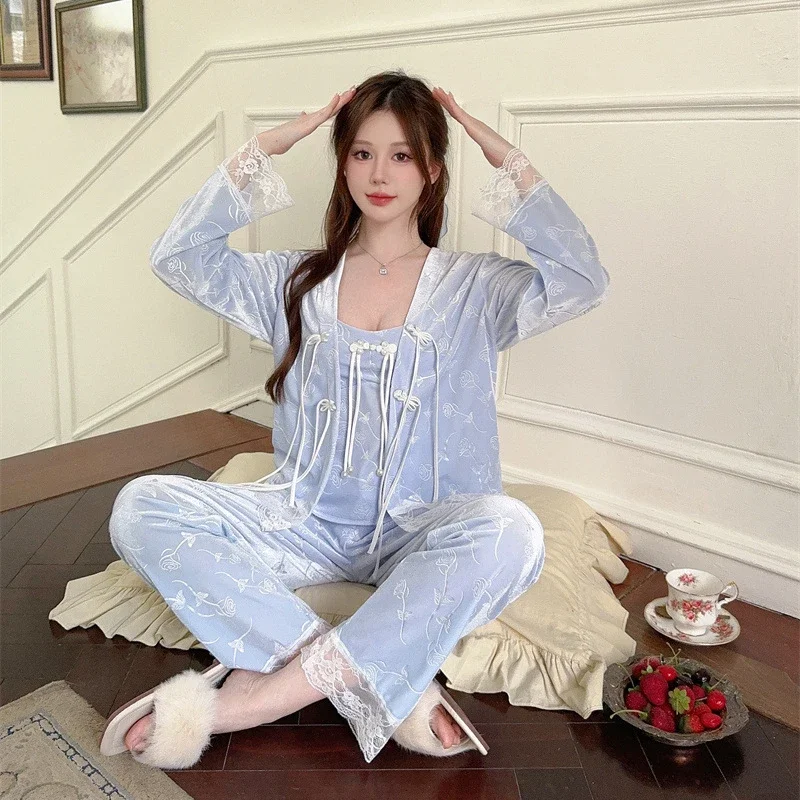 3PC Velour Pajamas Set Women Lace Sleepwear Suit Spring Autumn Velvet Nightwear Lounge Wear Pyjamas Nighties Home Clothes