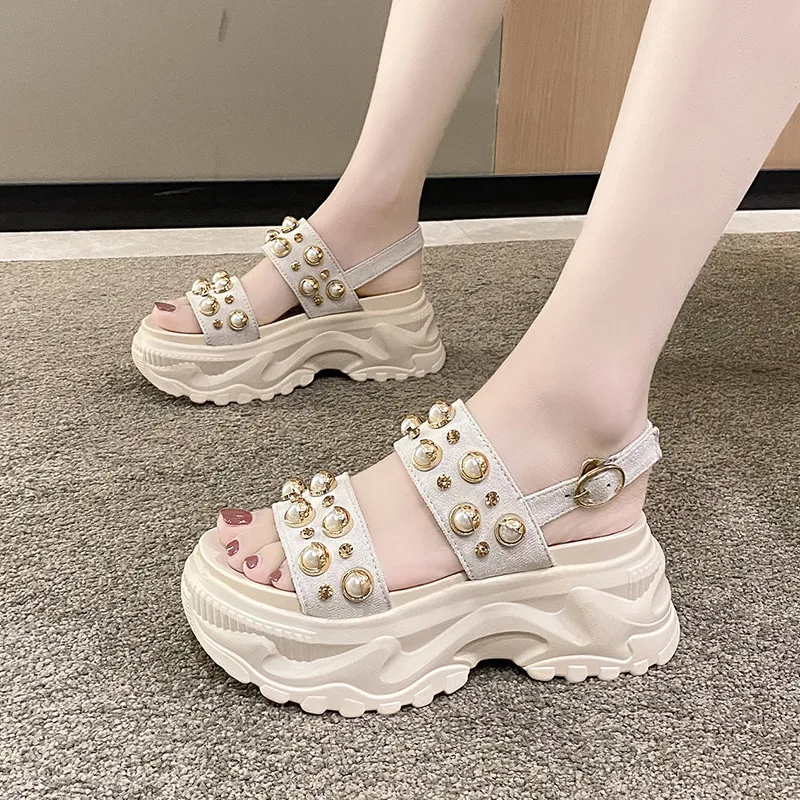 

Женские сандалии на платформе Стразы 2022, сандалии на очень высоком массивном каблуке для студентов, летняя пляжная обувь, шлепанцы, сандали...