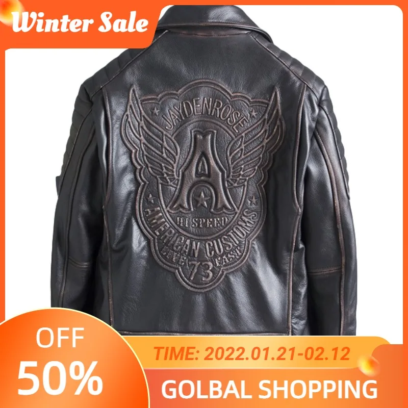 

Мужская винтажная байкерская куртка, коричневая мотоциклетная куртка из натуральной кожи в американском стиле, Осеннее байкерское пальто ...
