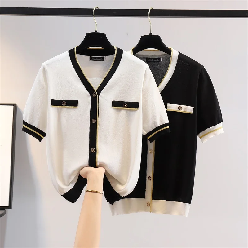 

Женский трикотажный короткий кардиган с коротким рукавом и V-образным вырезом