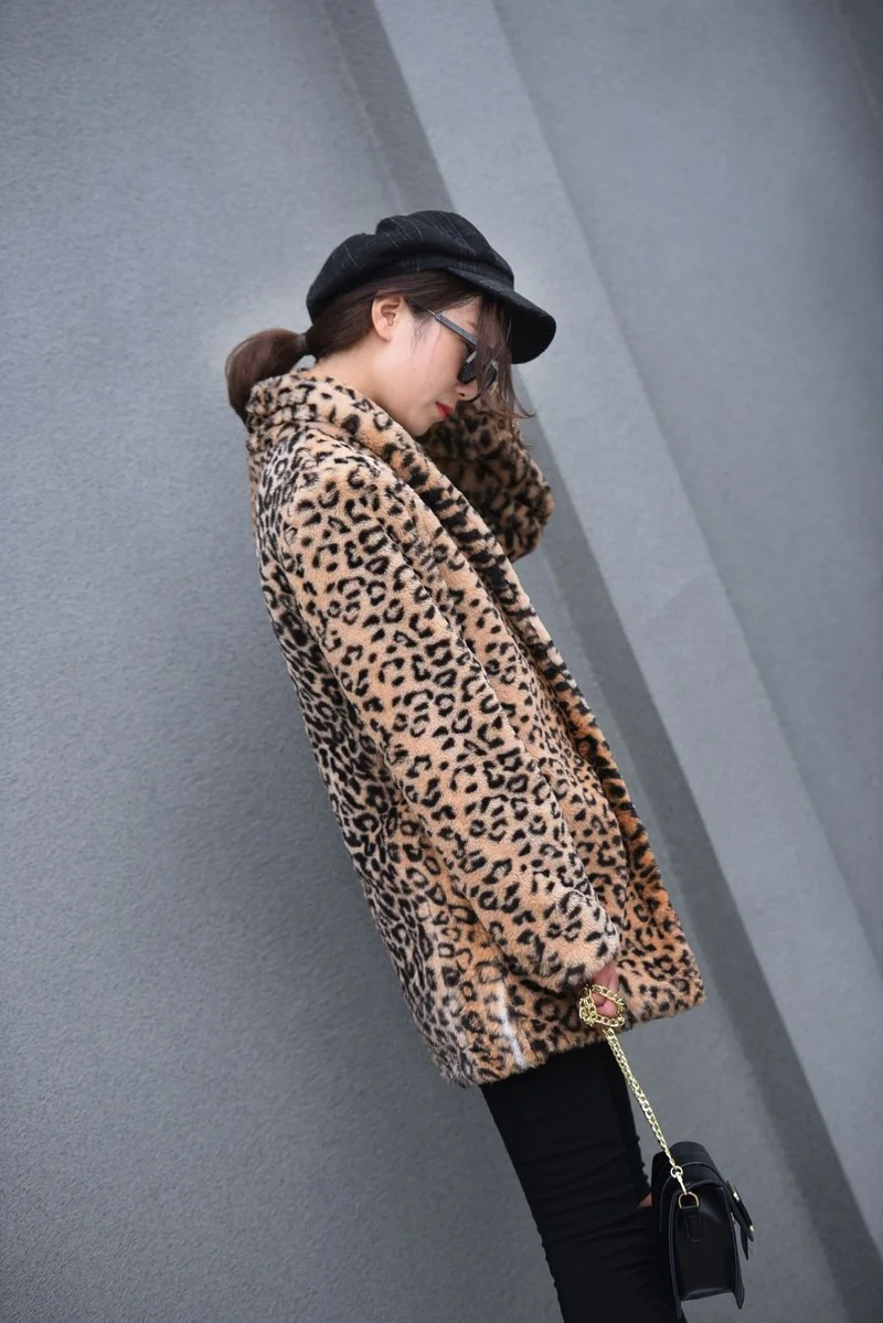 Leopard Faux Fur Coats Women Fashion Warm Lapel Mid-Length Outwears Autumn Winter Thick Casual Commute Big Pocket Chic Outcoats