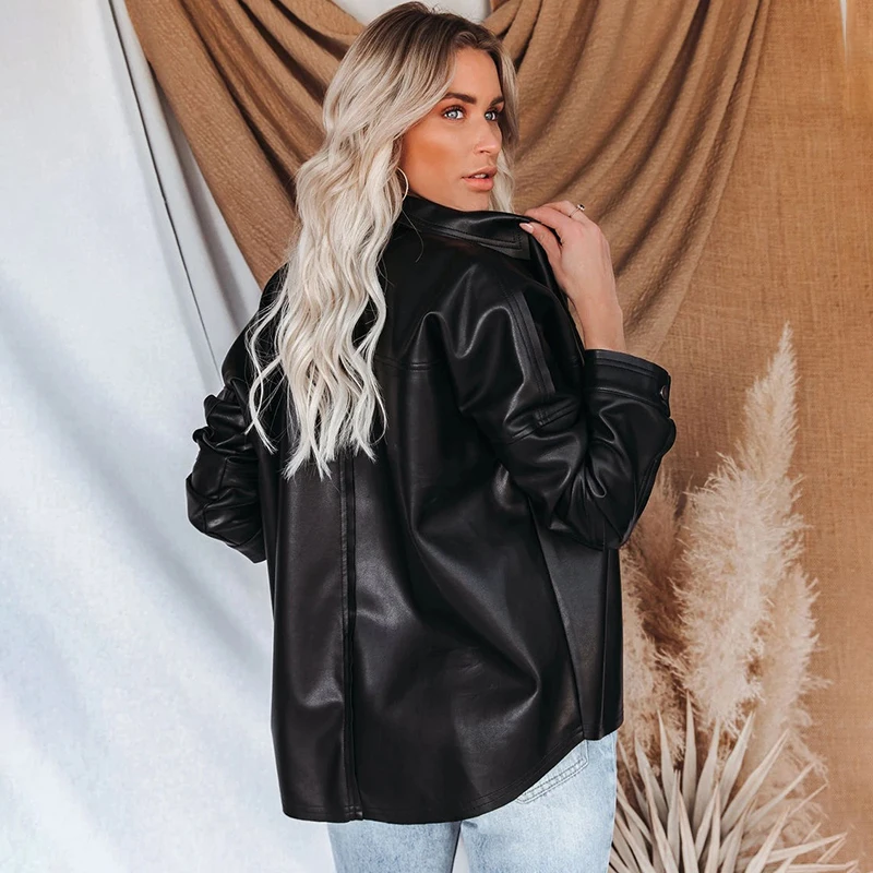 Ardm Casual Single Breasted Black Spring кожаная куртка женская Vintage Faux Leather Office Ladies New In Outerwears Chic Tops