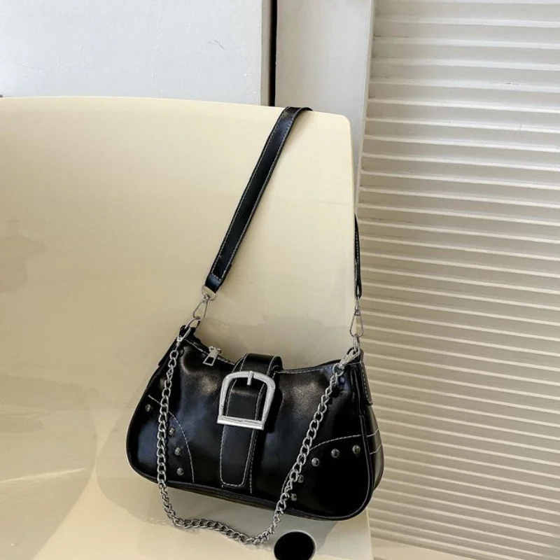 

Vintage Y2k Shoulder Bag for Women Gothic Rivets Leather Handbags Fashion Chains Designer Female Aesthetic Underarm Bag New
