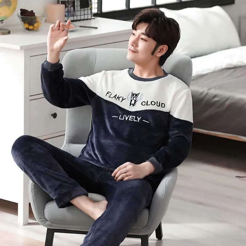 2022 Winter Long Sleeve Thick Warm Flannel Pajama Set for Men Korean Cute Cartoon Coral Velvet Sleepwear Pyjama Homewear Clothes