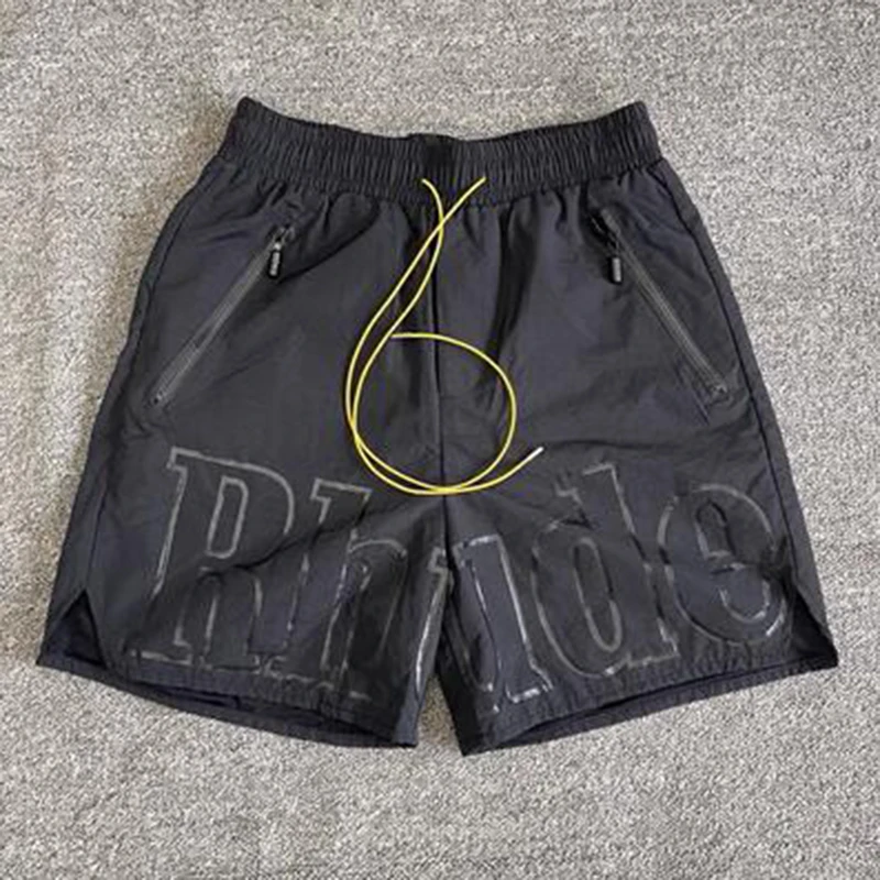 

RHUDE Shorts Men Women 1:1 Inside Mesh Drawstring Zipper Pocket Letter Printing Logo Oversized Rhude Breeches gym