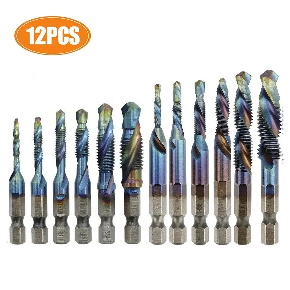 

12pcs Tap Drill Bit Set 1/4'' Hex Shank HSS Blue Metric Right Hand Thread For Hand Drill Bench Drill Hex Chuck Tapping Machine