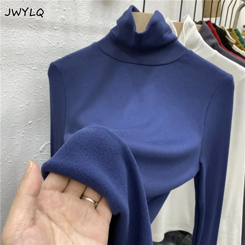

Winter New Candy Colors All-match High-neck Plus Velvet Warm T-shirt Women's Clothing Long-sleeved Bottoming Shirt Top Pullovers