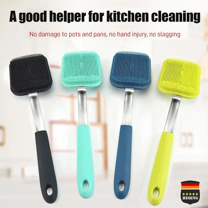 Hangable Silicone Cleaning Brush Kitchen Degreasing Dishes Stainless Steel Handle Pot Washing Brush Kitchen Gadgets