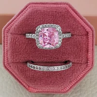 punki new 2pcs pack fashion pink round creative cubic zirconia finger rings set for women girl cute bridal wedding party jewelry