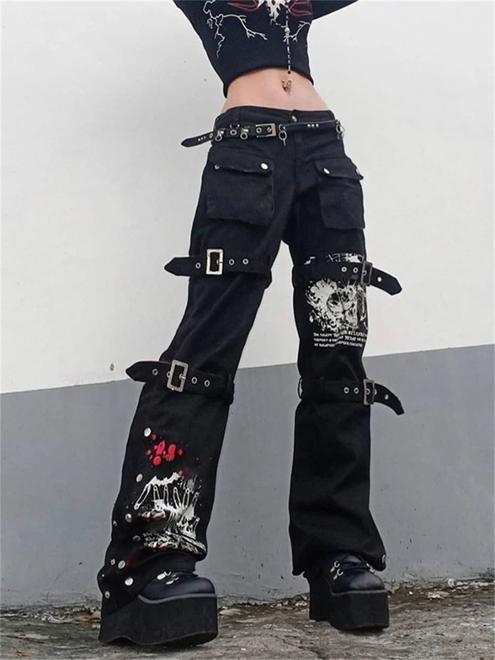 Emo Women Street Fashion Gothic Punk Jeans Streetwear Wide Leg Denim Trousers E girl Baggy Low Rise Y2K Metal Buckle Cargo Pants