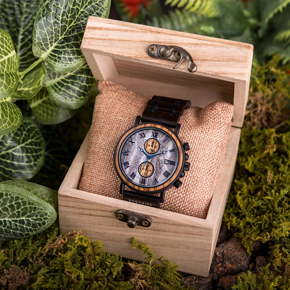 BOBO BIRD Men‘s’ Watches Luxury Man Watch For Men Wooden Wristwatch Date Moon Phase Chronograph Timepieces Men Customize Watches