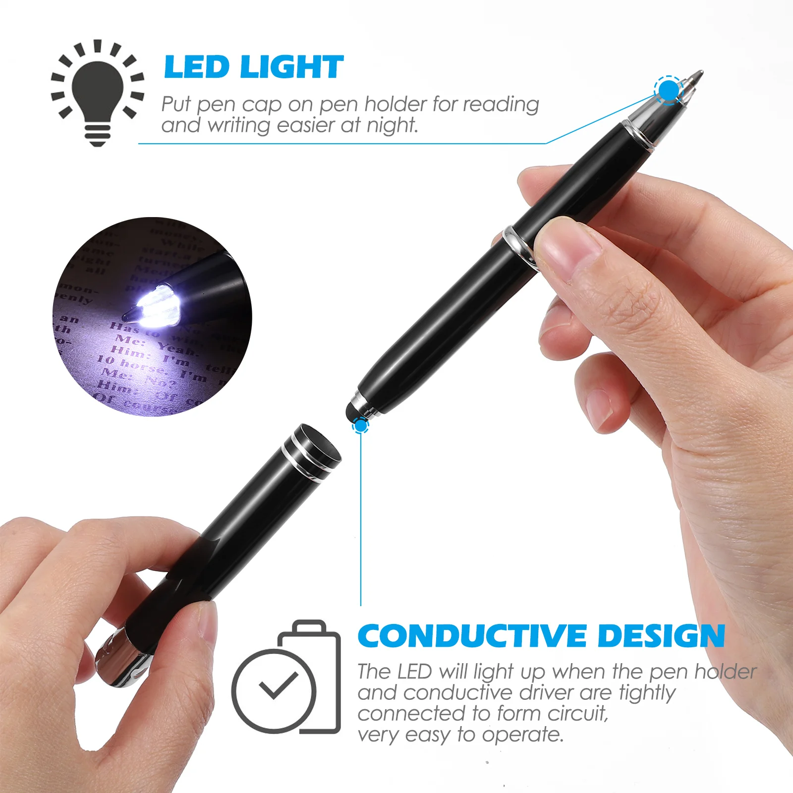 Toyvian 2pcs Creative LED Ballpoint Pen Prcatical Metal Writing Glowing Stationery Supplies for Office School (Black)