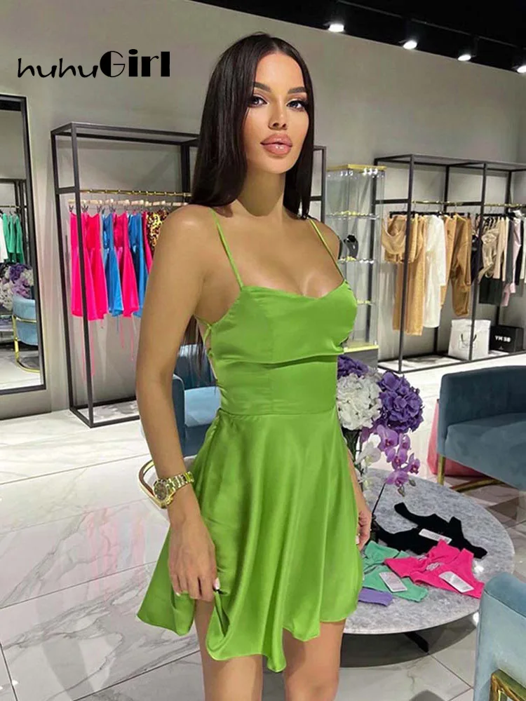

Huhugirl Summer Sexy Satin Dresses Women Spaghetti Strap Bandage Backless Elegant Mini Hot Dress Fashion Solid Female Dress 2022