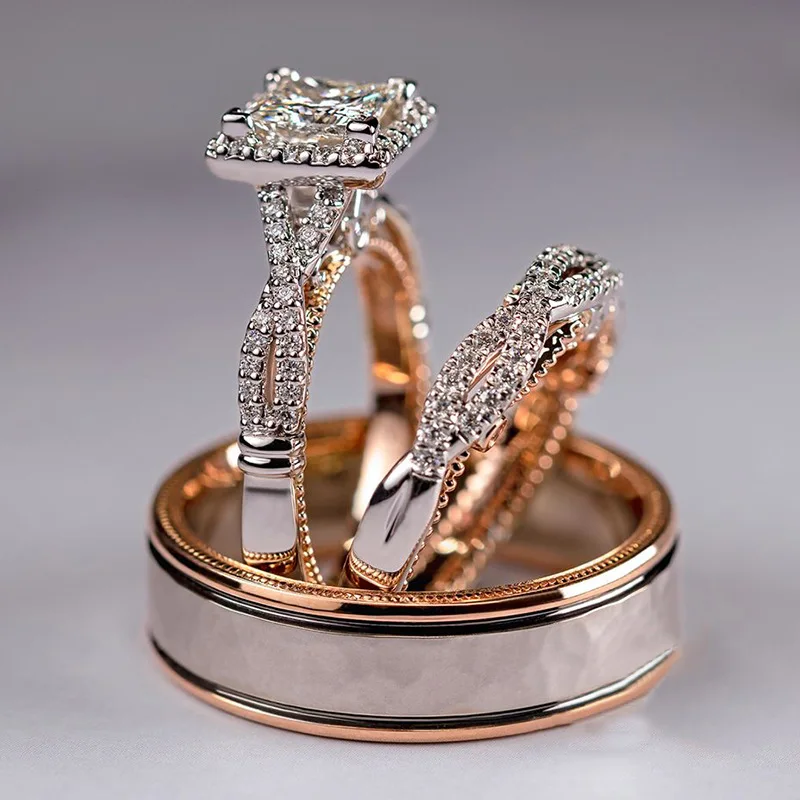 

Luxury Princess Cut Cubic Zircon Bridal Marriage Set Rings Elegant Accessories Brilliant Women Men Wedding Trendy Jewelry Gifts