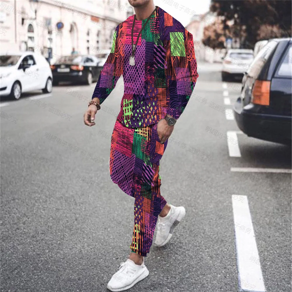 

Autumn and Winter New Retro Oil Painting Grid Print Men's Sports Long Sleeve + Casual Fashion Trousers Fitness Plus Size Suit