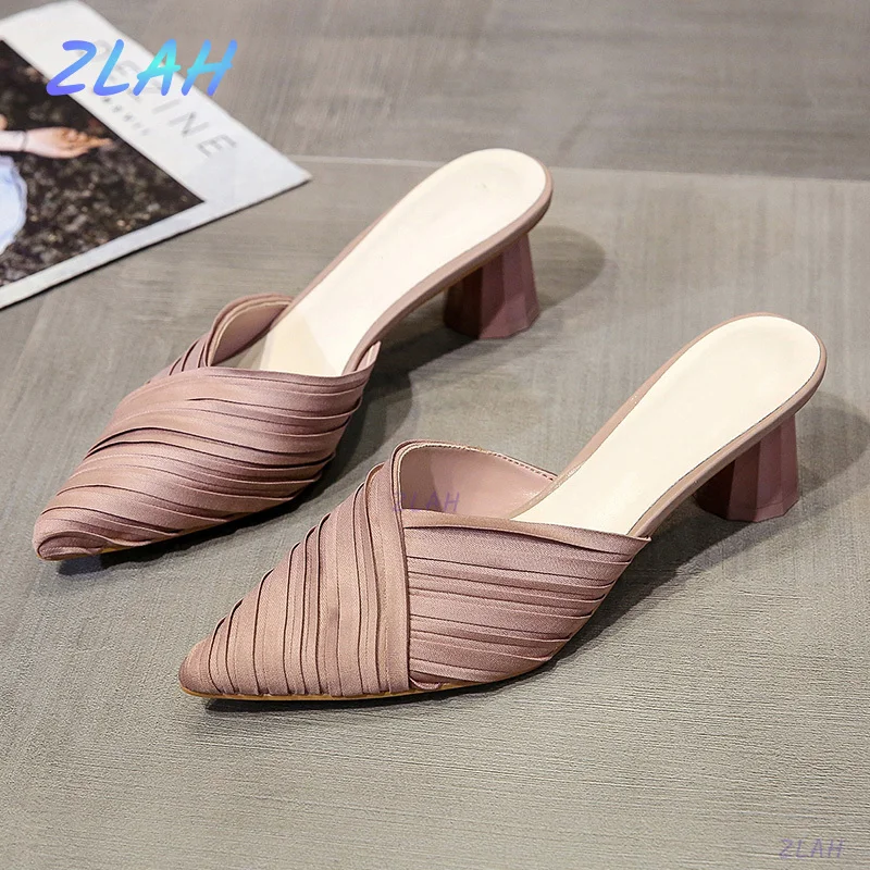 

New Thick-heeled Middle-heeled Women's Slippers Zlah Summer Pointed Toe Pleated Vamp Mules Women's Casual Simple Women's Shoes