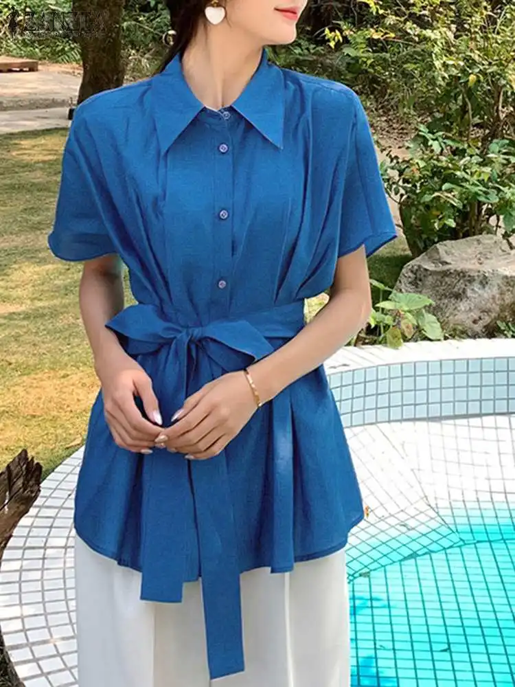 

ZANZEA Vintage Women Lapel Tunic Office Lady Summer Shirt Fashion Solid Color Blouse 2023 Holiday Short Sleeve Pleats Waist Tops