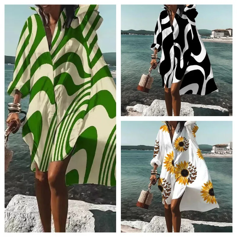 

2023 Summer Women's Shirt Skirt Print V-neck Long Sleeve Loose Dresses Female Casual New Elegant Fashion Beach Ladies Clothes