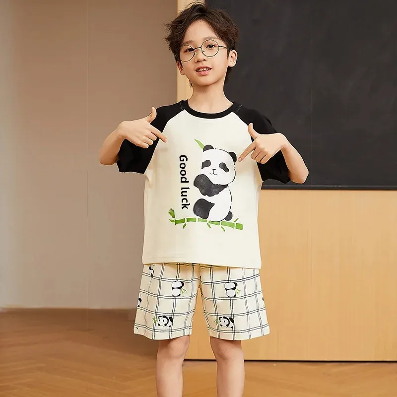 2024 Summer New Children's Sleepwear Short Sleeve Pure Cotton Cartoon Home Clothes For Boys Medium To Large Suit