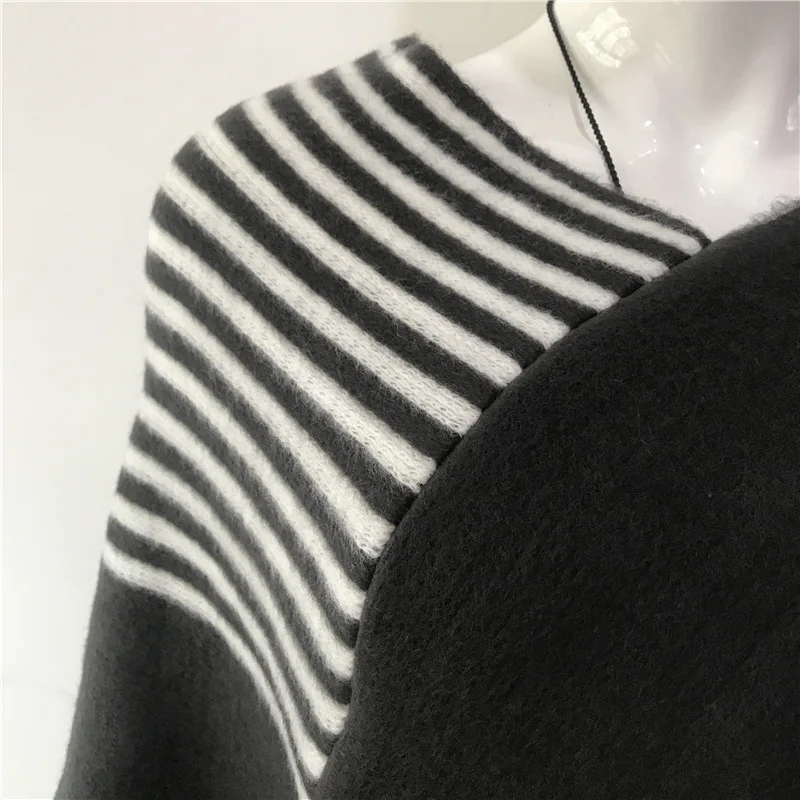 2022 Spring Autumn New Loose Stripe Two-color Contrast Tassel Pullover Cloak Shawl Women Sweater  Kitting Poncho Cape Navy images - 6