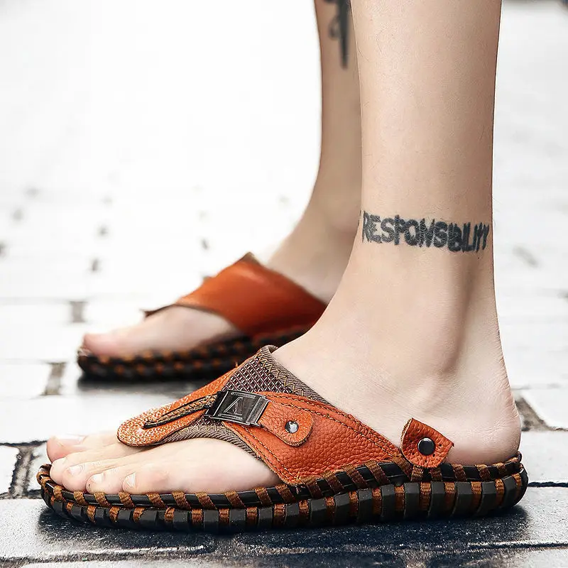 

Mens Flip Flops Sandals Genuine Leather Casual Men Shoes Summer Slippers Fashion Beach Shoes Platform Sandalias Flip Flops Mujer