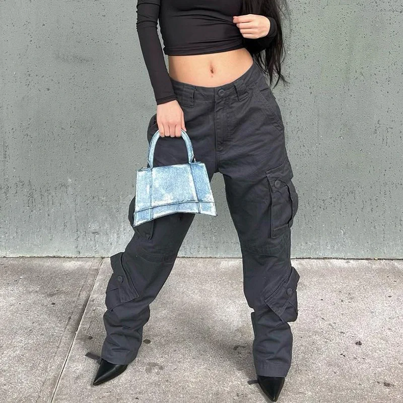 Y2k Women Black Cargo Pants Woman Casual Stitched Pocket Straight Jeans High Waist Fashion Wide Leg Denim Full Length Trousers