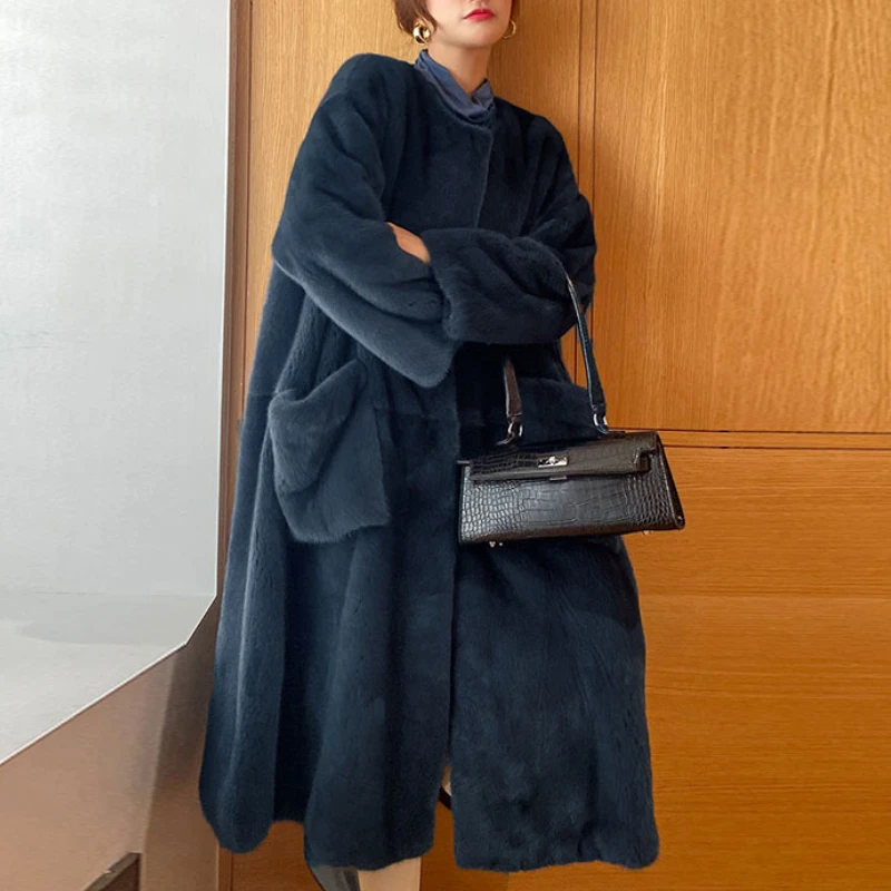 Fashion Round Neck Casual Faux Fur European and American Temperament Coat Women's Coat Loose Mid-length Women 2022 New Winter