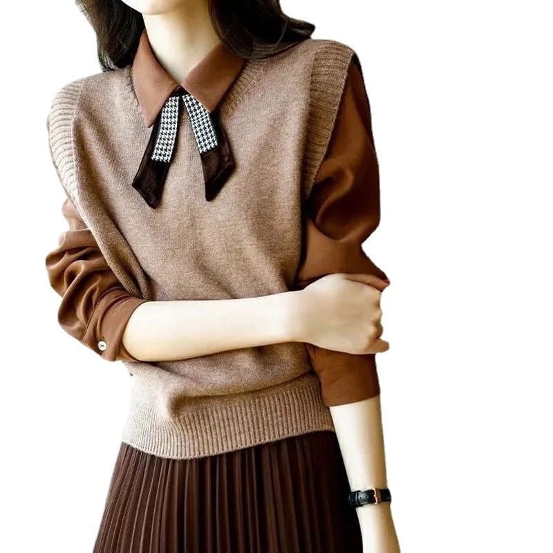 

Spring/Autumn Women's Sweater New Fashion Casual sleeveless Splicing Bow Tie Stretch Cotton Pullover Top Houthion