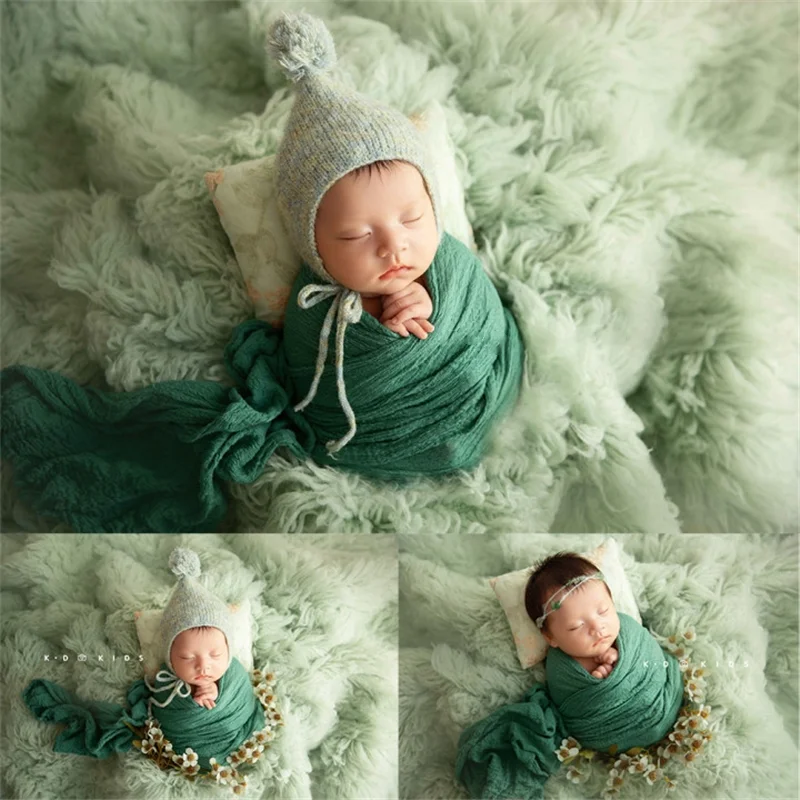 Newborn Baby Photography Props Green Floral Theme Hat Wrap Pillow Greece 100% Wool Blanket Fotografia Studio Shooting Photo Prop