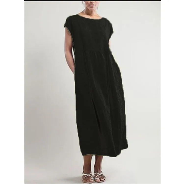 

Solid Color Sleeveless Loose Cotton Linen Pocket Dress