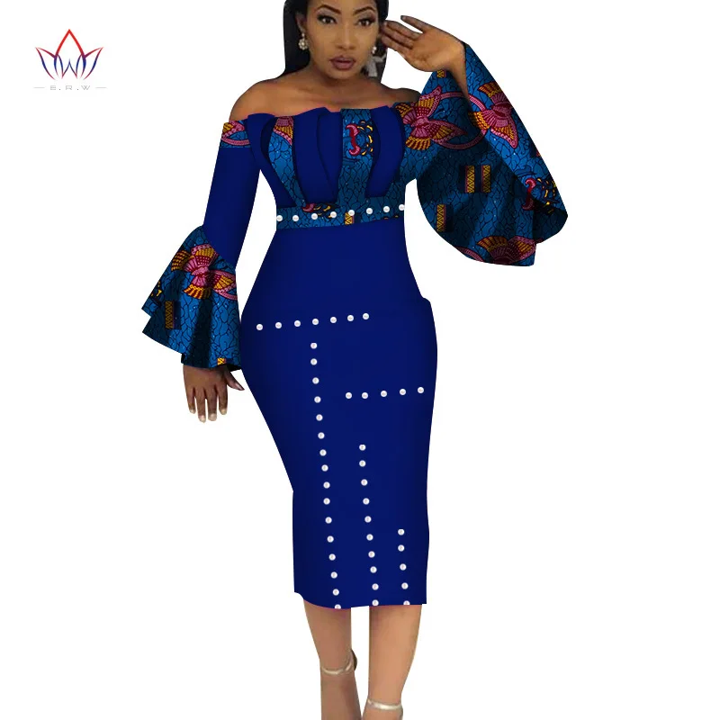 

African Print Dresses for Women Dashiki Wax Print Nail Bead Slash Neck Ruffle Sleeve Bodycon Pencil Dress Plus Size Vestidos
